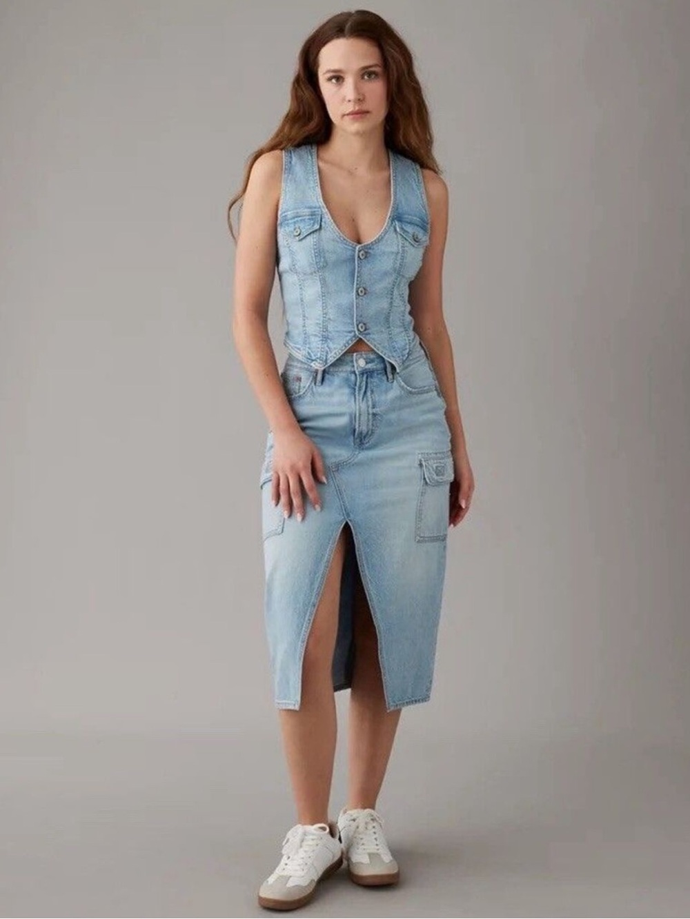 American Eagle Dreamy Drape Cargo Midi Skirt Light Wash Slit Size 2 NWT
